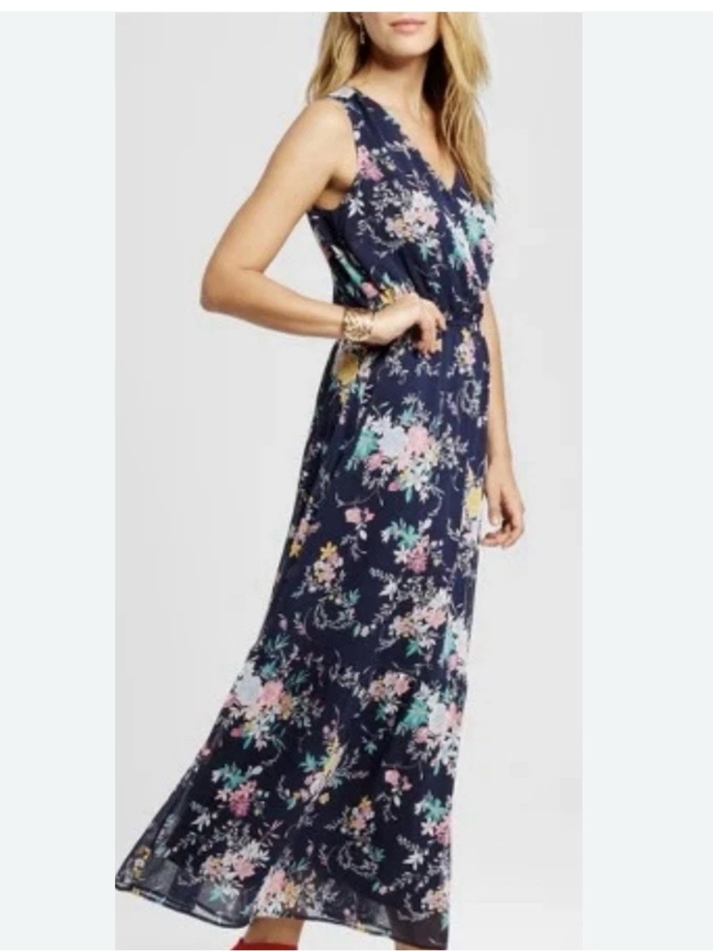 Merona Navy Floral Maxi Dress with Pink & Mint Accents